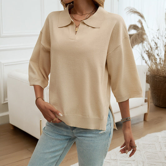 IvyShape | Elegant Solid Color Lapel Loose Sweater