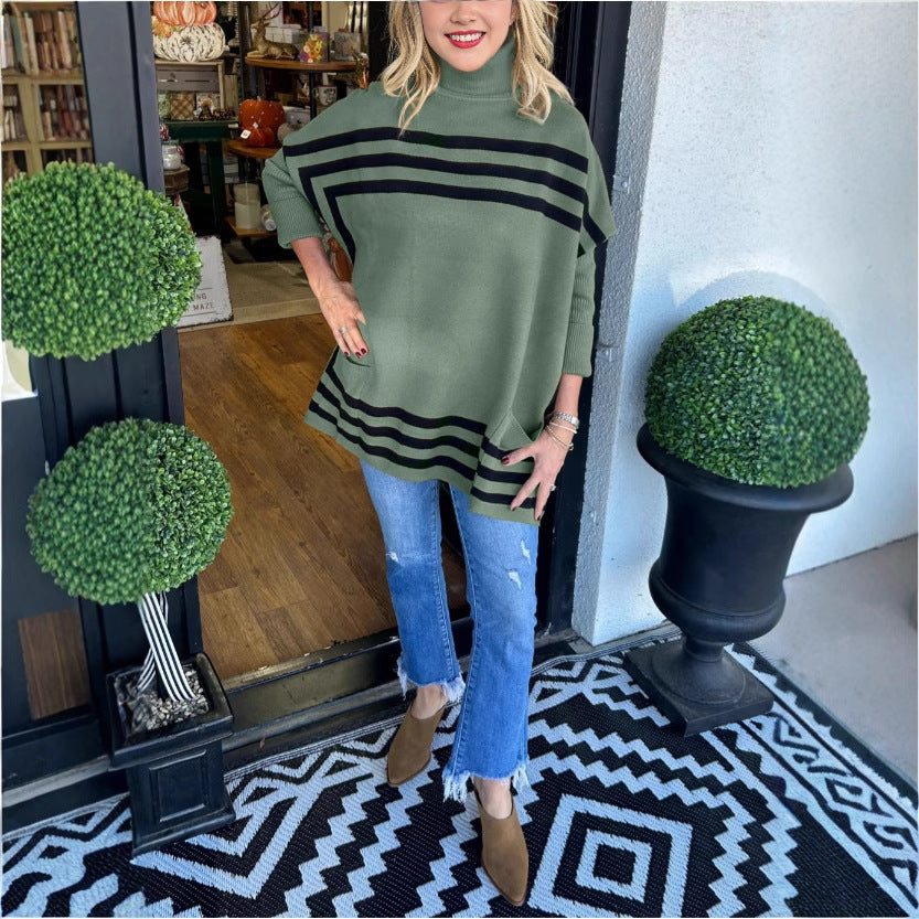 Ivyshape | High Neck Knitted Striped Sweater