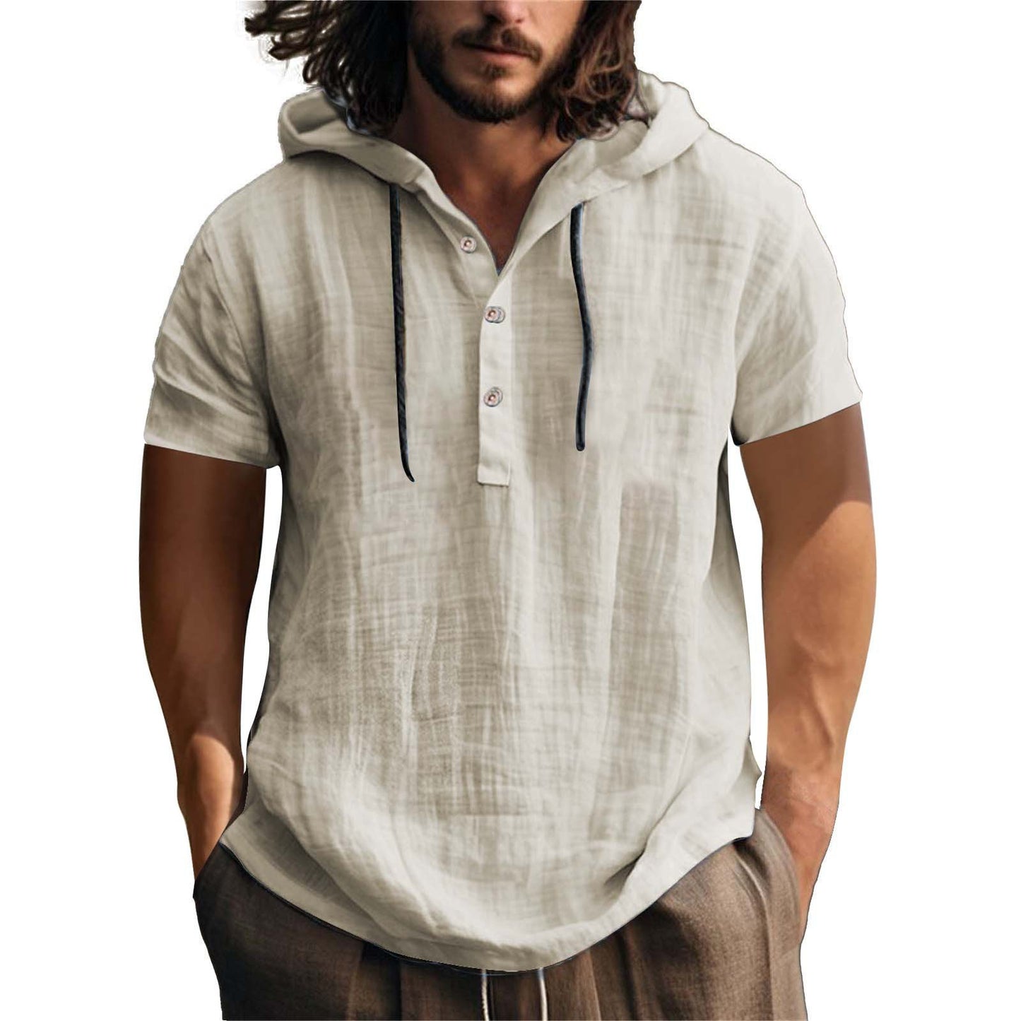 Men's Casual Short Sleeve Hoodie with Placket Ivyshape