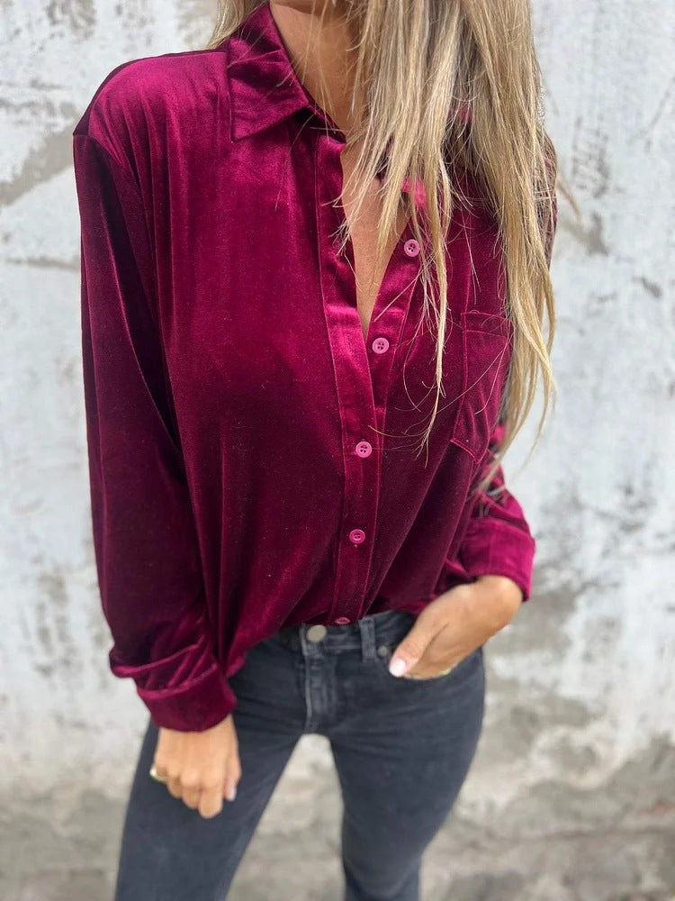 Women's Elegant Velvet Blouse with Classic Shirt Collar and Long Sleeves Ivyshape