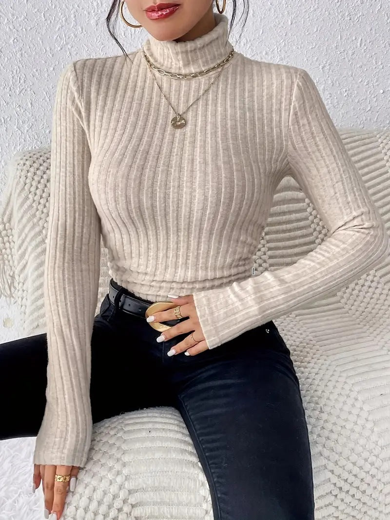 Women's Long Sleeve Turtleneck Sweater in Fine Rib Knit Ivyshape