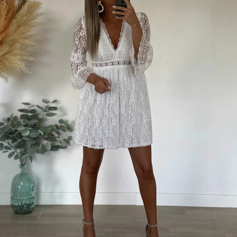 Women's lace dress with deep V-neckline and elegant bell sleeves Ivyshape