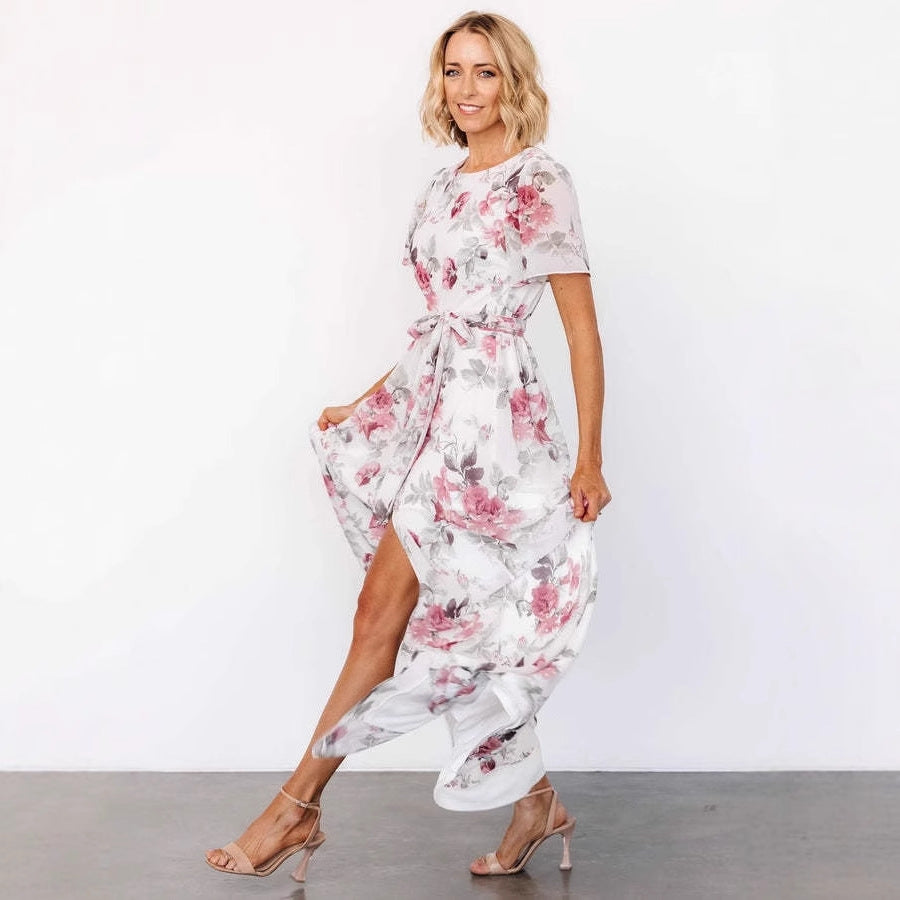 Women's floral maxi dress with deep slit and waistbelt Ivyshape