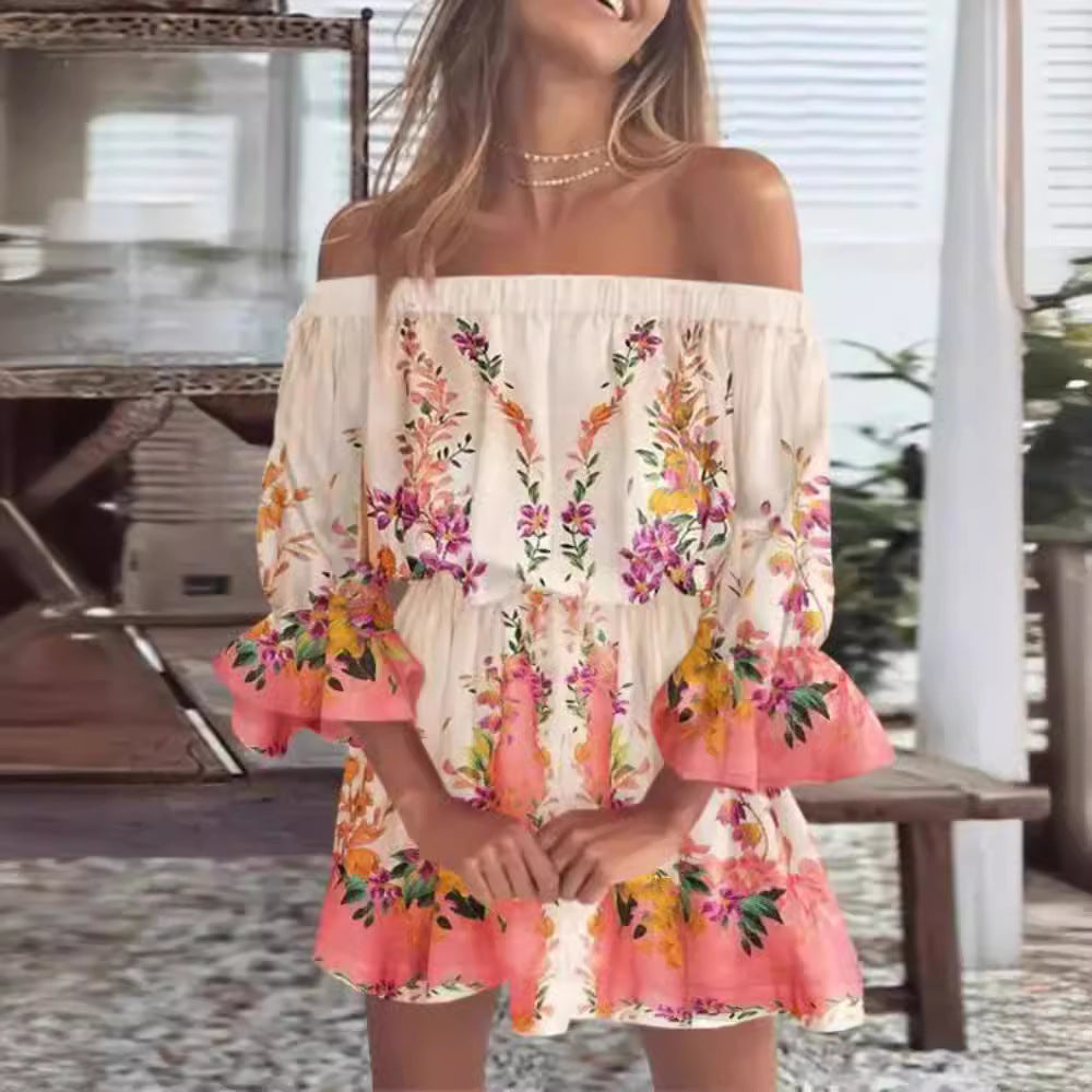 Ladies Summer Off-Shoulder Dress with Floral Pattern Ivyshape