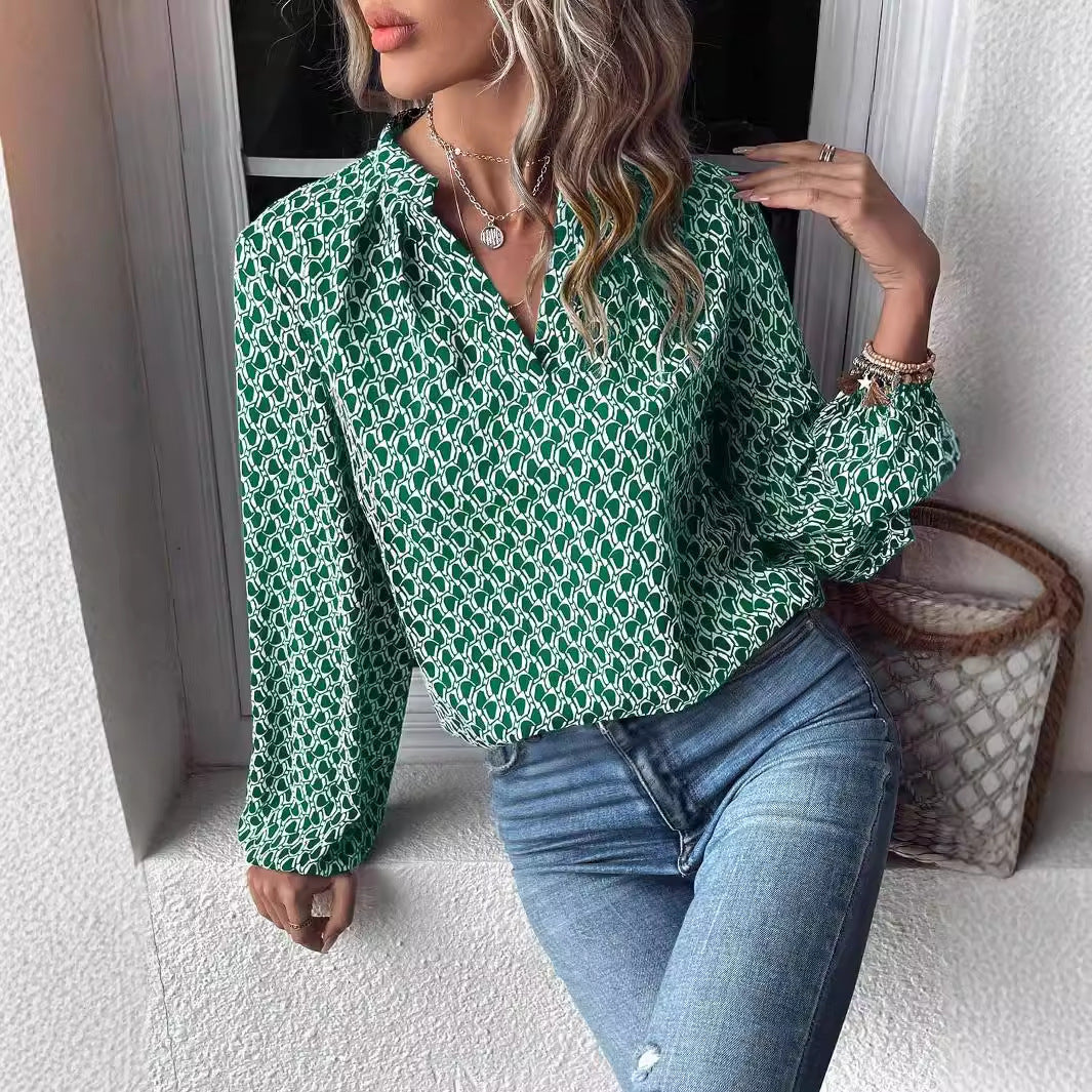 Women's blouse with modern geometric pattern and elegant collar area Ivyshape