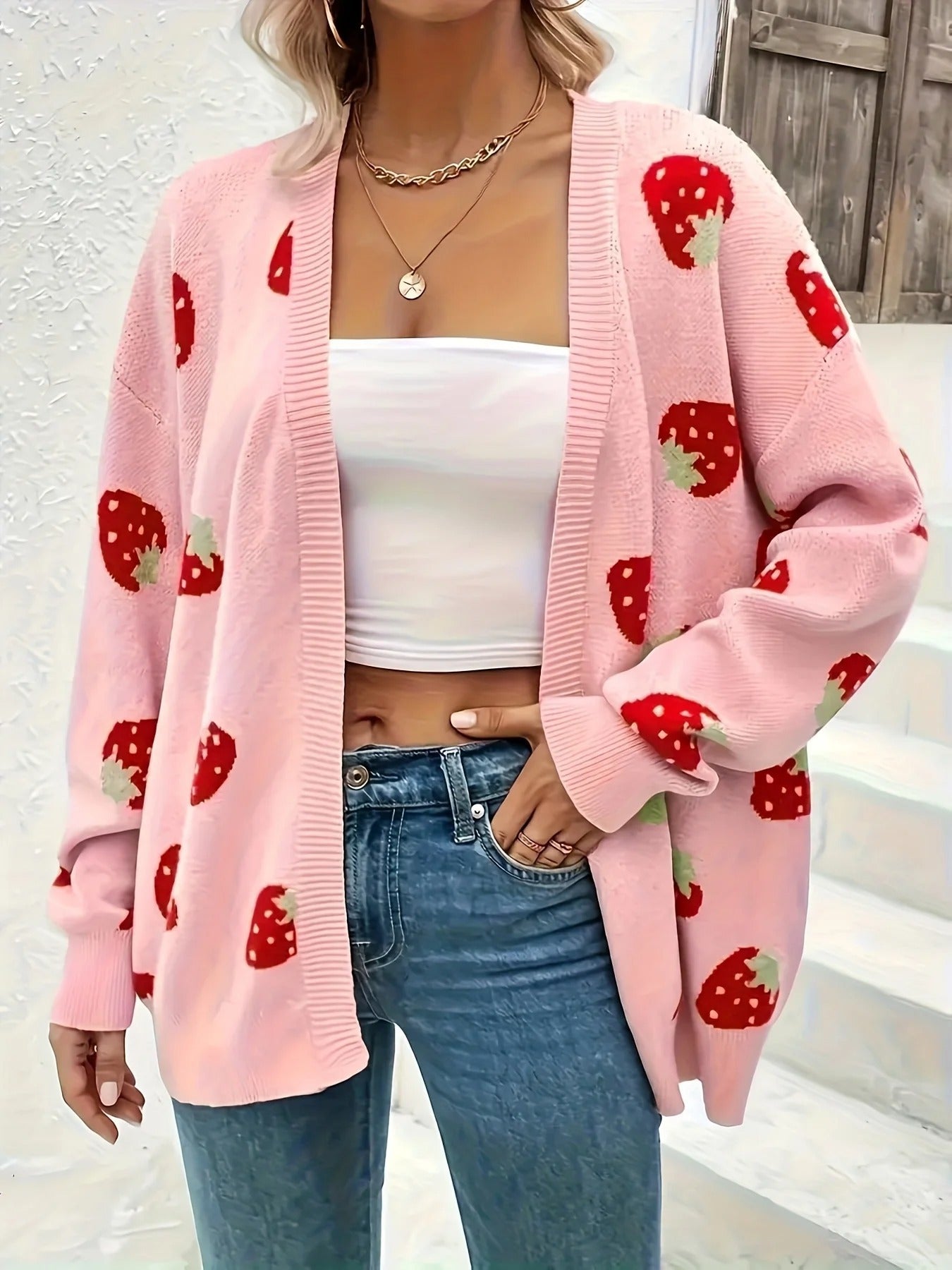 Ladies cardigan with cheerful strawberry pattern and soft material Ivyshape