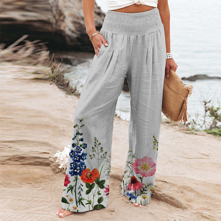 Women's Wide Summer Trousers with Floral Designs and Elastic Waistband Ivyshape