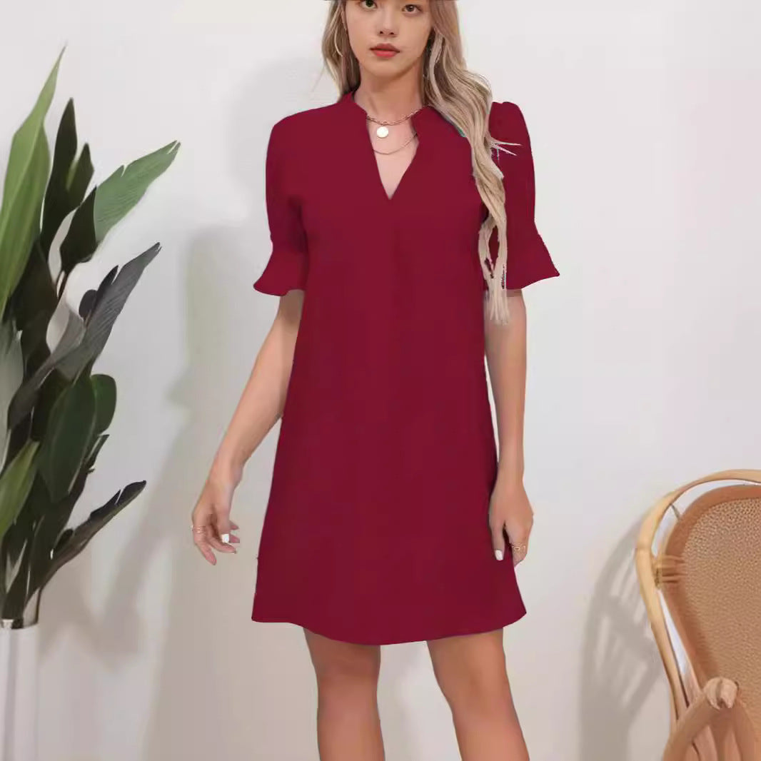 Women Elegant Short Sleeve Dress with V-Neck and Peplum Ivyshape