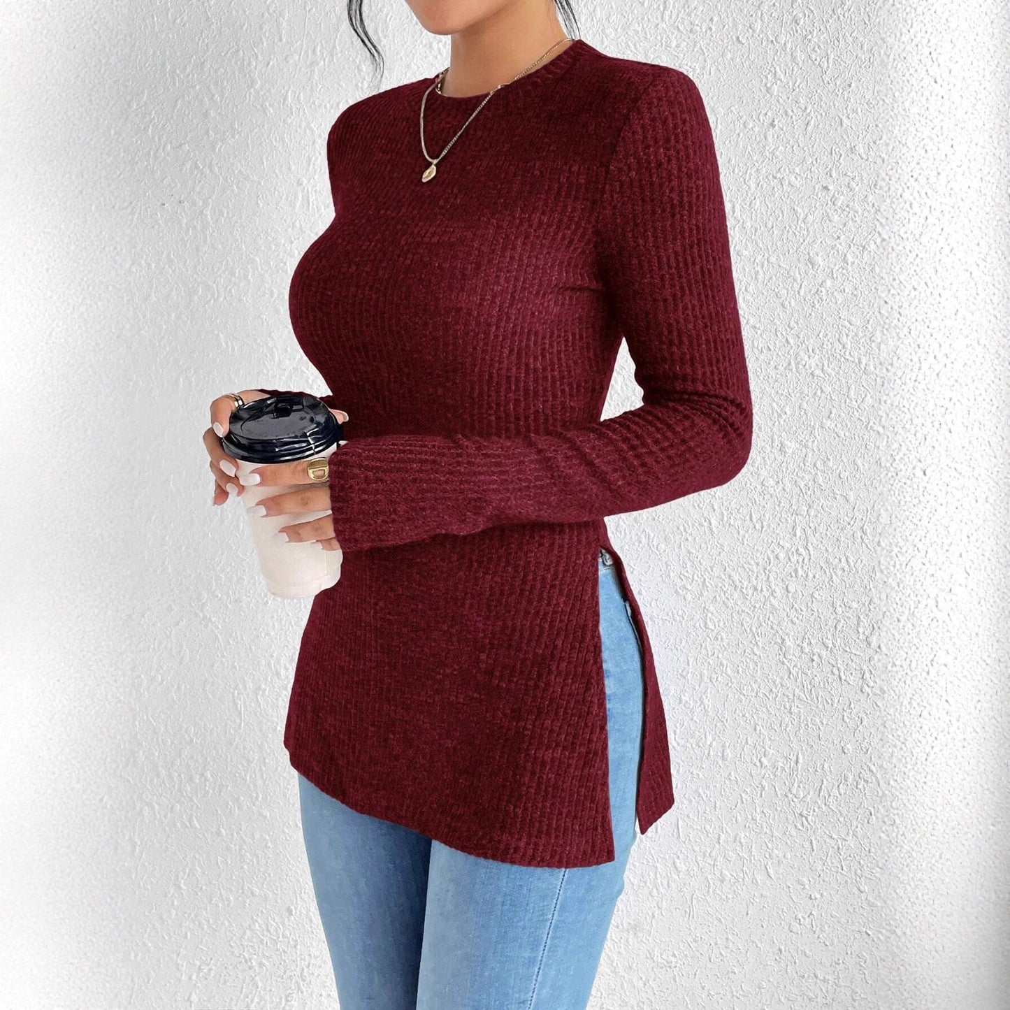 Women Long Sleeve Rib Knit Top Ivyshape