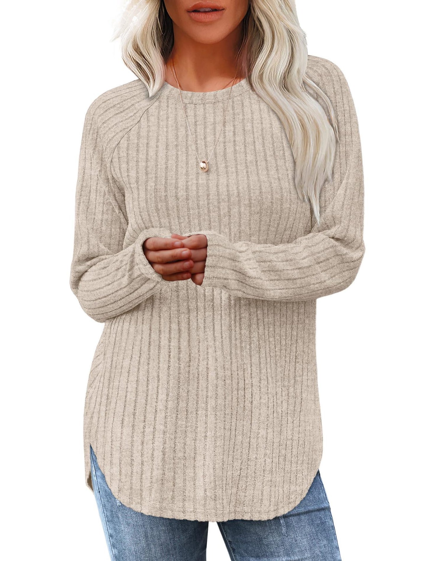 Women casual long sleeve sweater with textured rib design Ivyshape