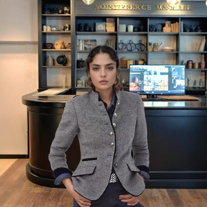 Women's elegant blazer with fashionable cut and detailed button placket Ivyshape