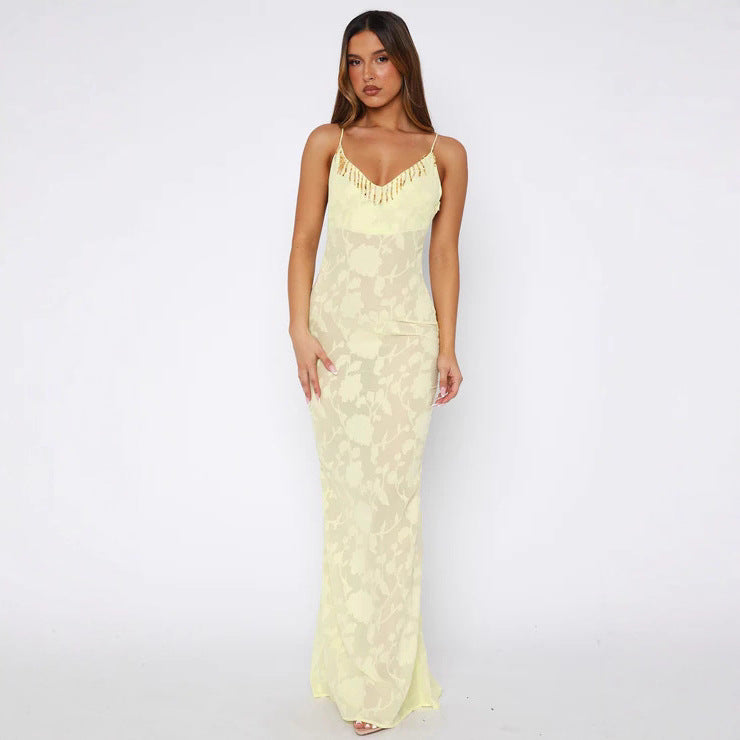 Women Elegant Transparent Wrap Dress with Floral Pattern and Sparkling Neckline Ivyshape