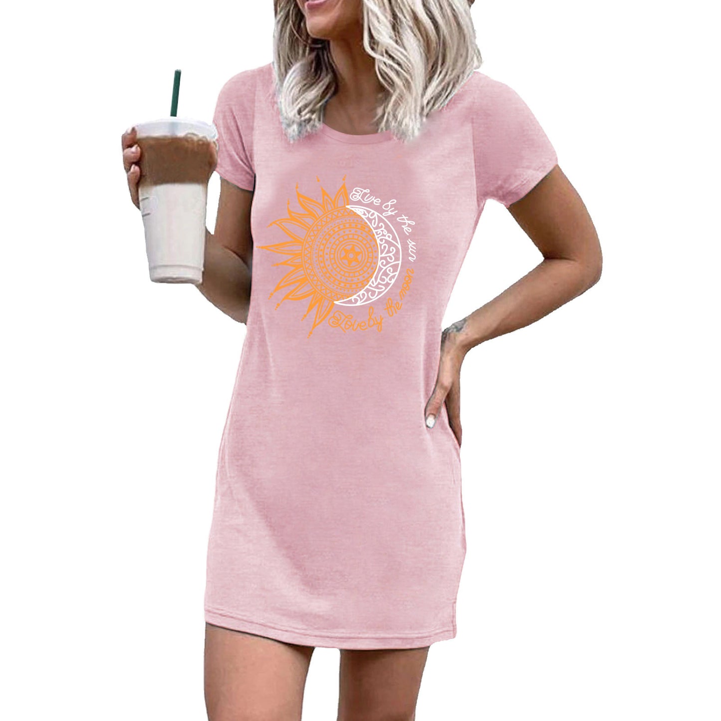 Women's T-shirt dress with creative sun and moon motif Ivyshape