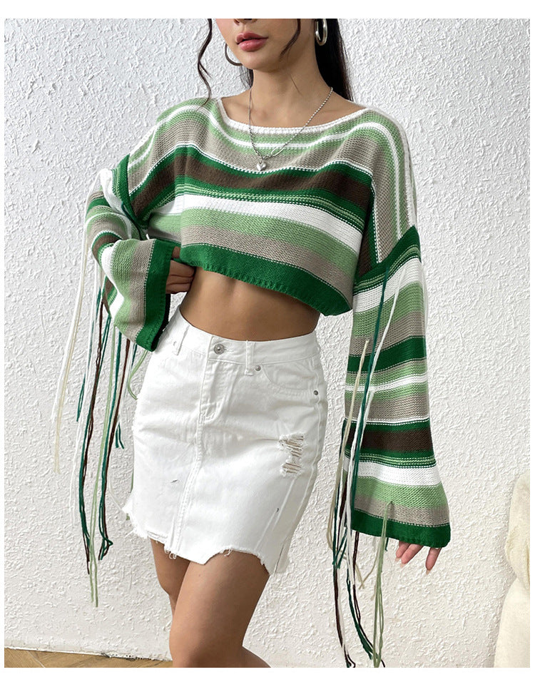 IvyShape | Rainbow striped fringed crop pullover