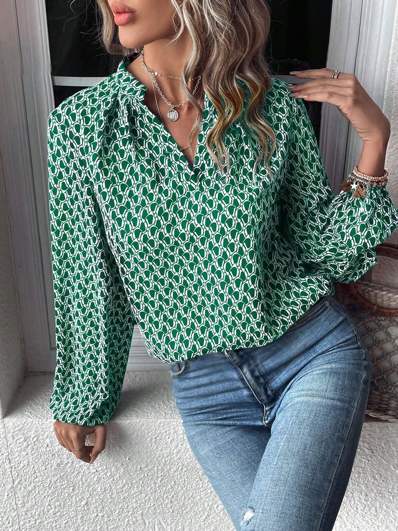 Women's blouse with modern geometric pattern and elegant collar area Ivyshape