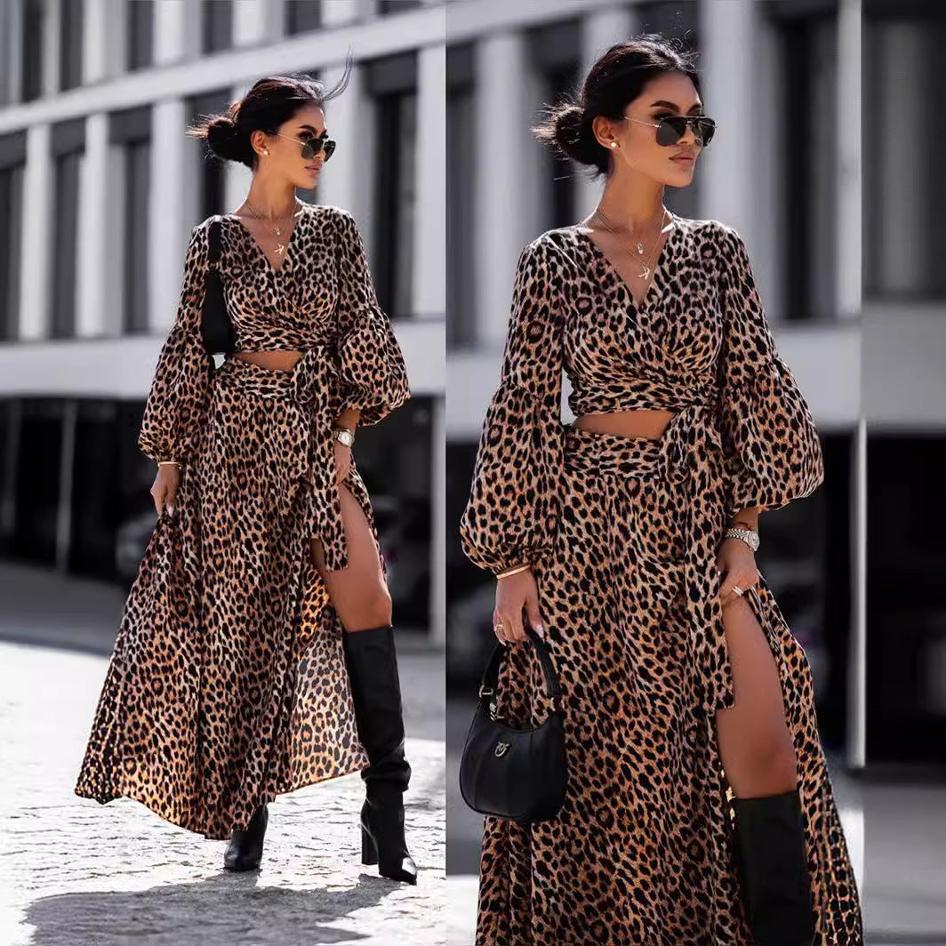 IvyShape | Floral Print Leopard Split Long Sleeve Dress Set