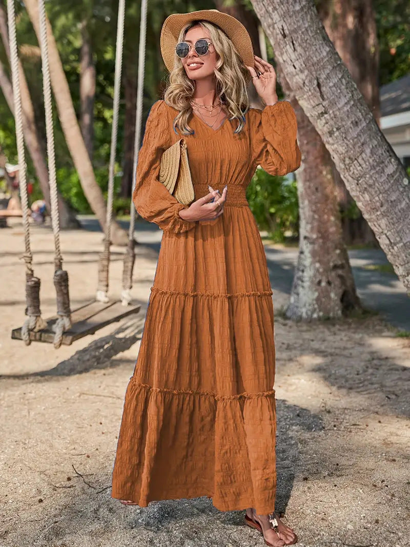 Women's maxi dress with swinging ruffle and smock-like waistband Ivyshape