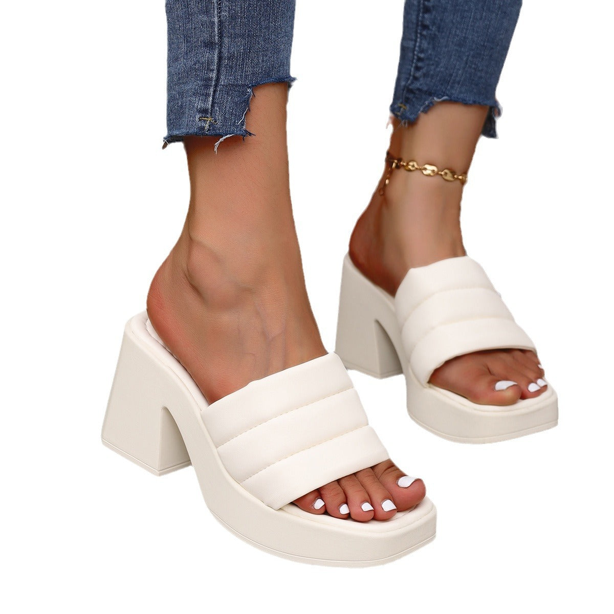 Ladies platform slides with wide strap design and stylish block heel Ivyshape
