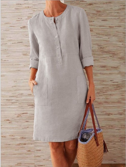 IvyShape | Cotton Linen Round Neck Long Sleeve Midi Dress