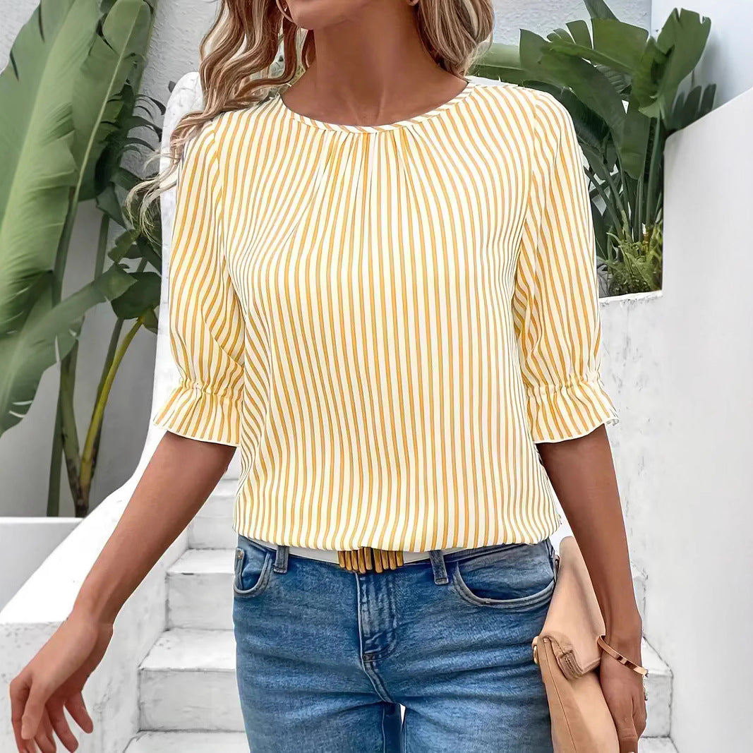 Women's blouse with modern stripes and elegant ruffle details Ivyshape