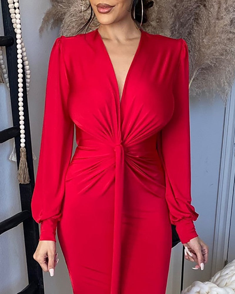 IvyShape | Mid-Length Red Gradient Puff Sleeve Dress