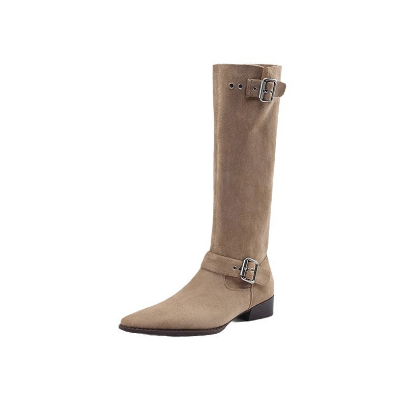 Ladies Over-the-knee boots made of soft nubuck leather with practical buckle details Ivyshape