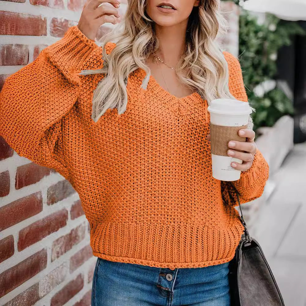 Women's casual V-neck sweater with a loose fit and textured knit Ivyshape