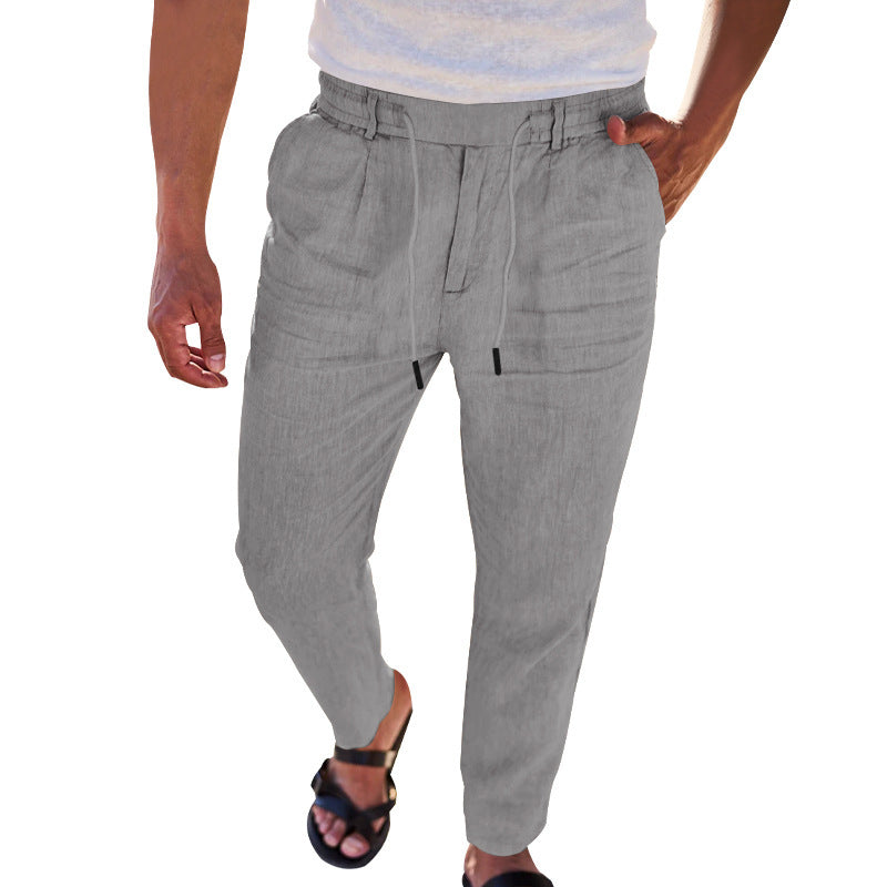 Men's casual linen trousers with elastic waistband and practical side pockets Ivyshape