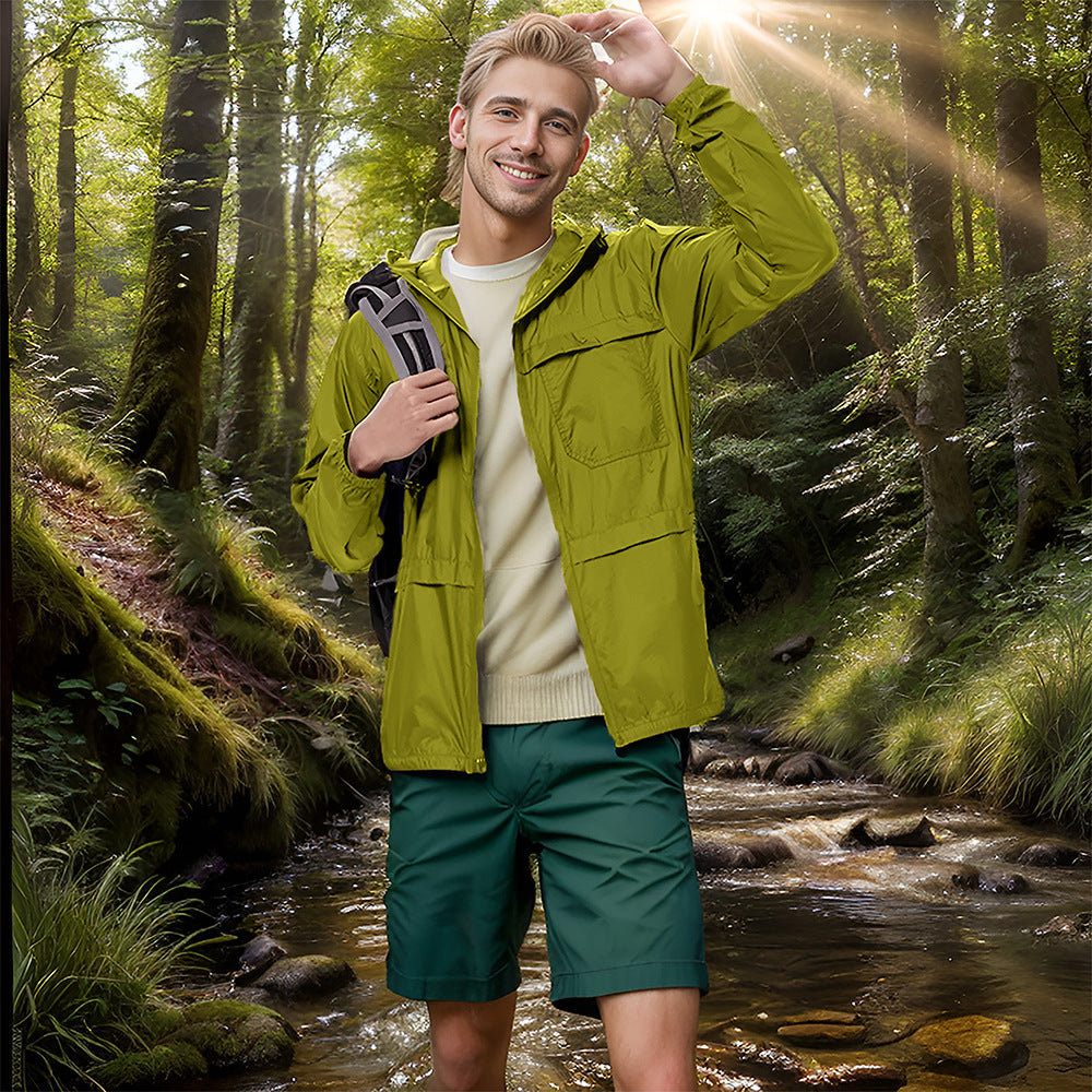 Men's lightweight outdoor jacket with practical pockets and adjustable hood collar Ivyshape