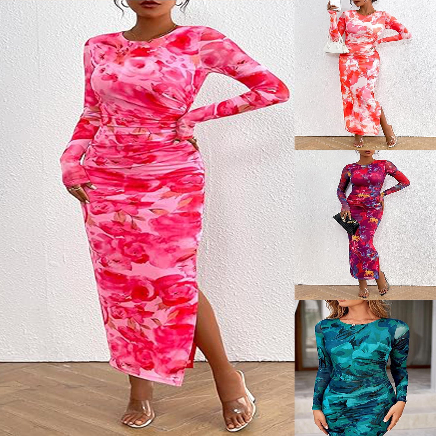 Women's Figure-Hugging Long Sleeve Dress with Floral Pattern and Side Slit Ivyshape