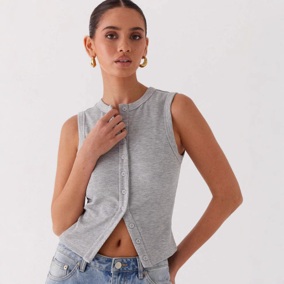 Ladies Short Sleeve Ribbed Knit Top with Button Placket Ivyshape