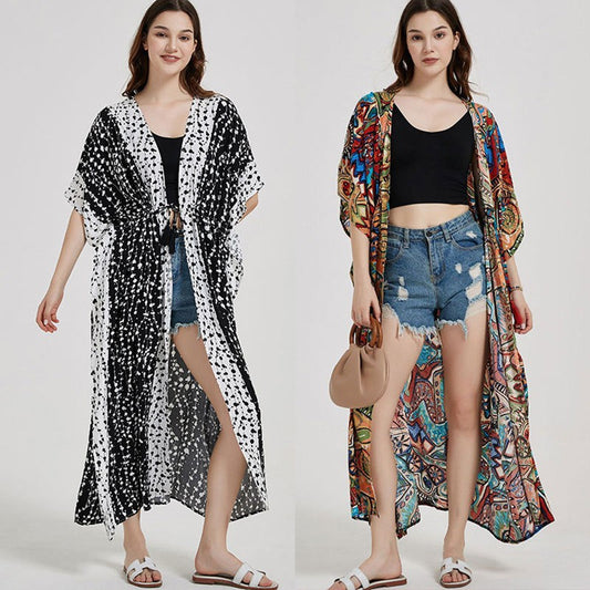 Women's maxi dress with colorful graphic design and stylish drawstring Ivyshape