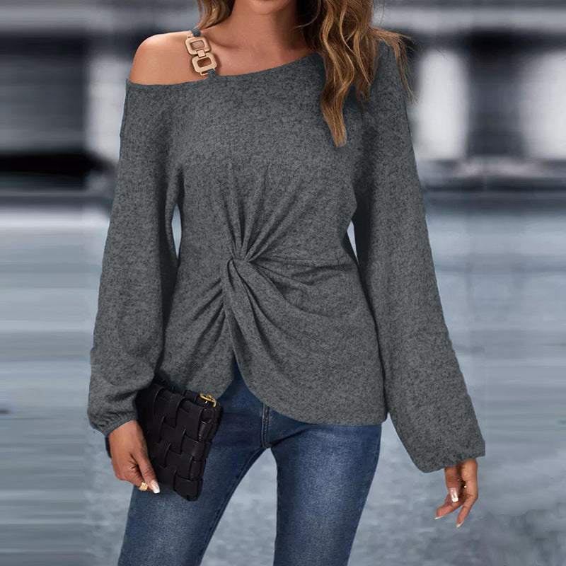 IvyShape | Asymmetric Metal Buckle Pleated Hem Long Sleeve Tee