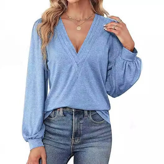 Women Elegant V-Neck Top with Puff Sleeves Ivyshape
