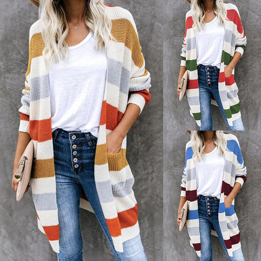 Women's casual cardigan with fashionable striped pattern and practical pockets Ivyshape