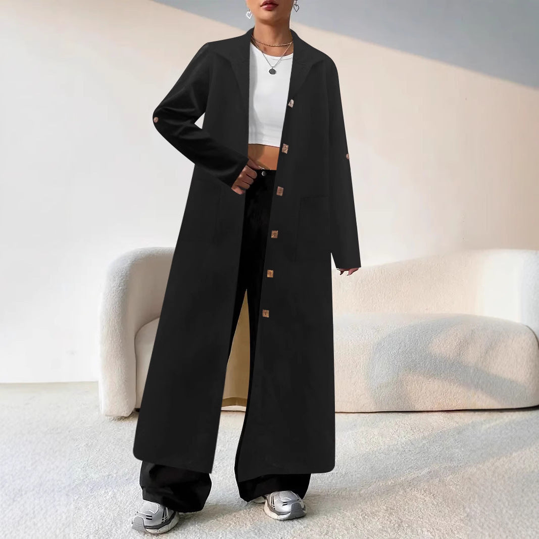 Women Fashionable Maxi Coat with Patch Pockets and Classic Button Details Ivyshape