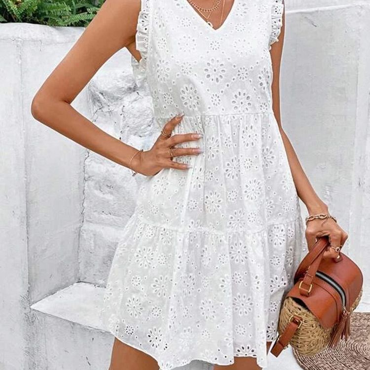 IvyShape | White Cotton Embroidery V-Neck Petal Sleeveless Dress