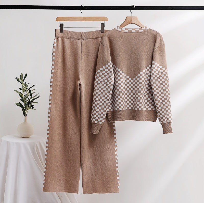 IvyShape | Checked Sweater Casual Knit Set