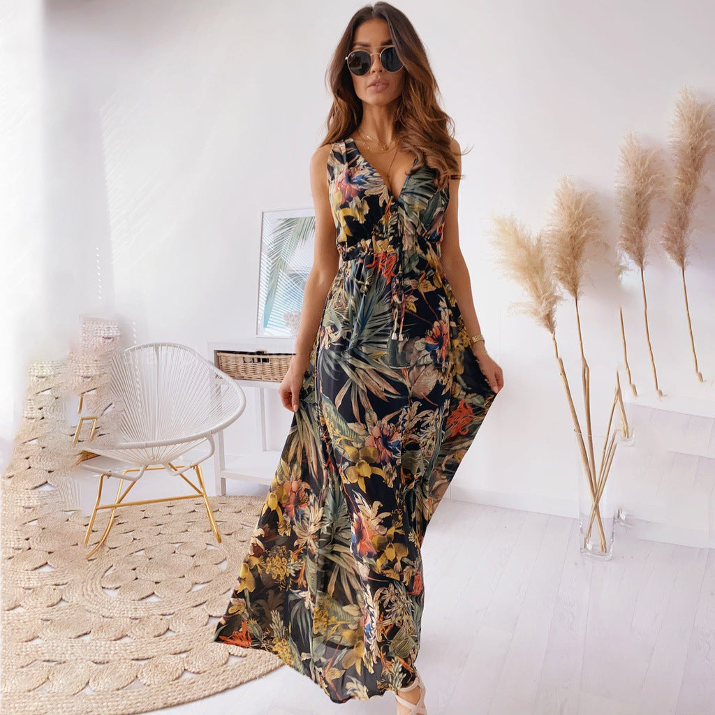 IvyShape | Printed Tie-Back Backless Long Dress