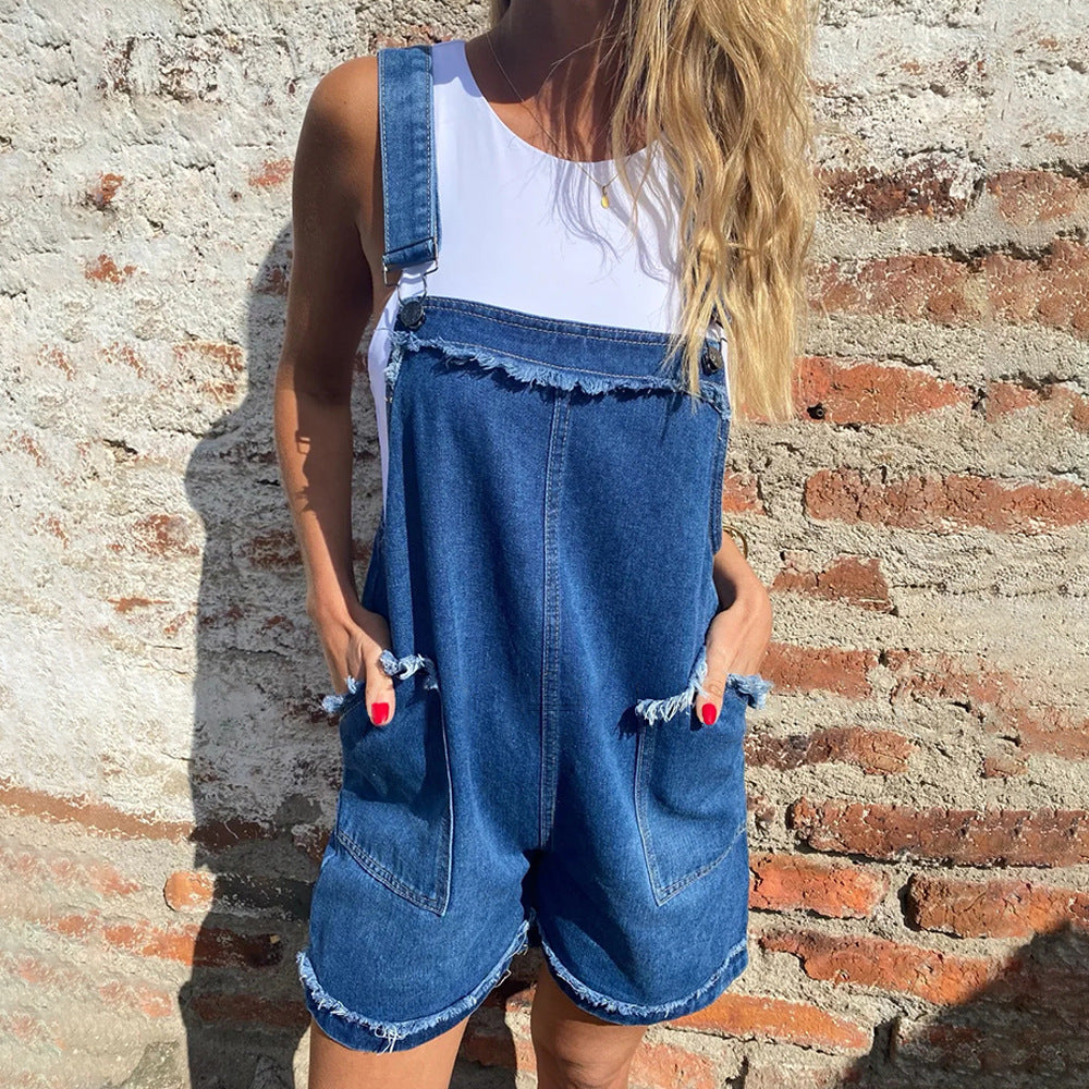 IvyShape | Washed Denim Adjustable Strap Jumpsuit Shorts Spring