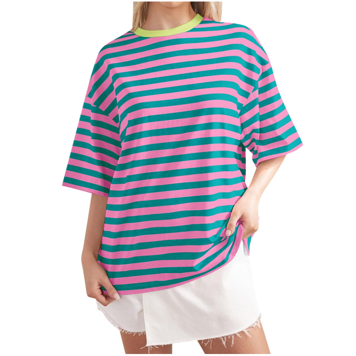 Women's Casual Oversized T-Shirt with Wide Stripes Ivyshape