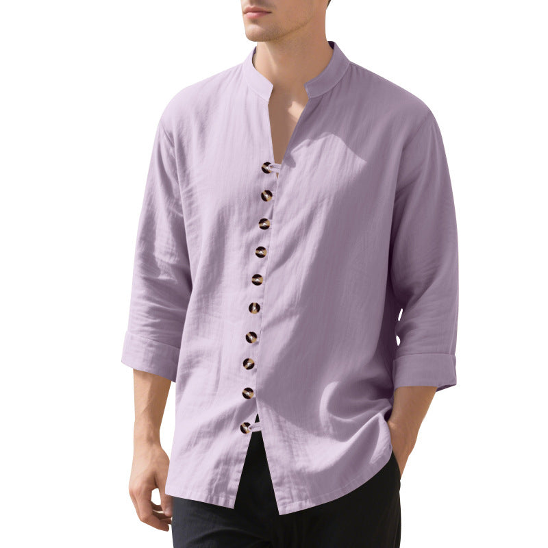 Men's stylish long-sleeve shirt with fashionable stand-up collar and unique button detail Ivyshape