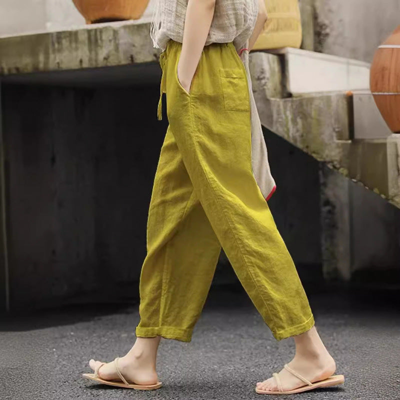 Women's casual linen pants with elastic waistband and side pockets Ivyshape