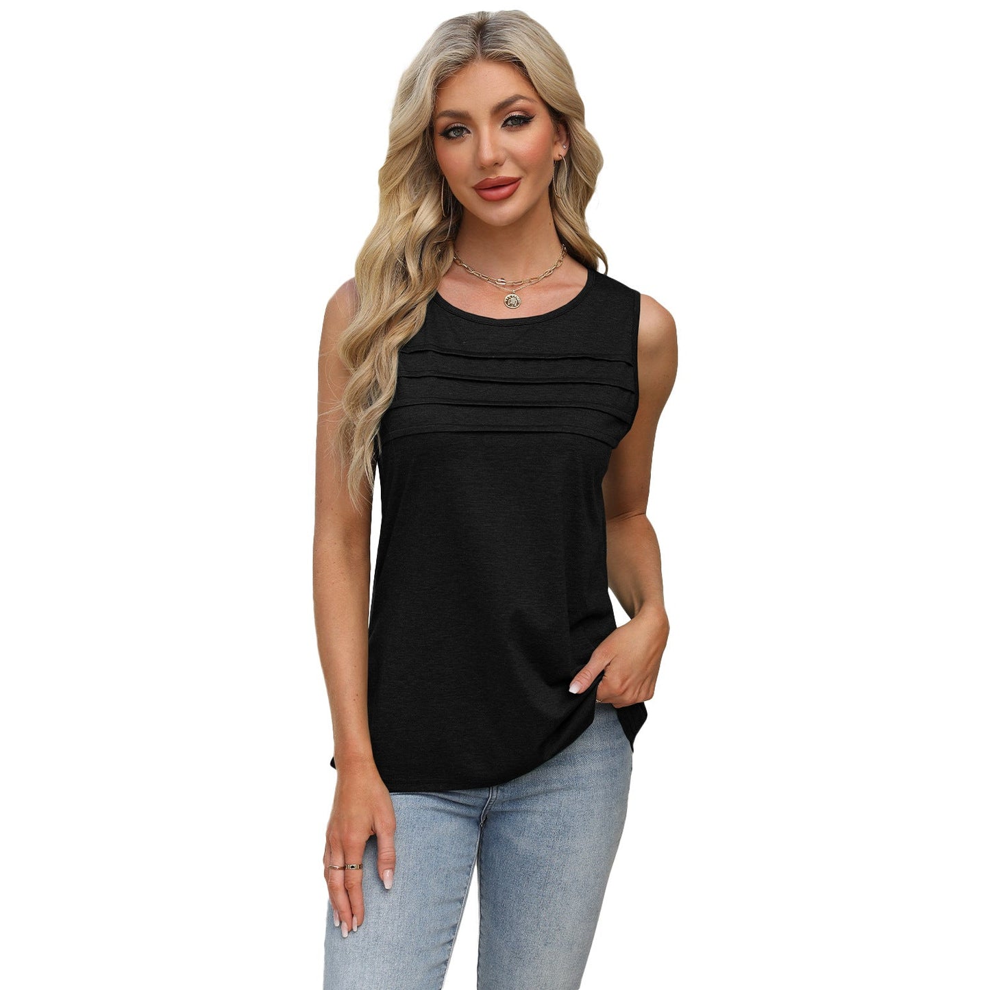 IvyShape | Solid Color U-Neck Pleated Vest T-Shirt