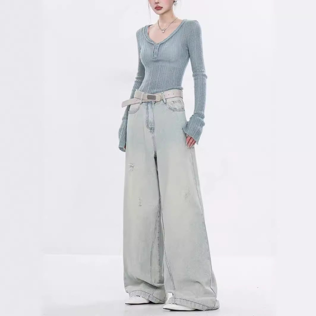 Women Elegant Wide-Leg Jeans with Fashionable Accents and High Waist Ivyshape