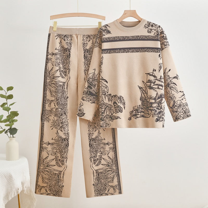 IvyShape | Ink Painting Wide-Leg Trousers Knit Set