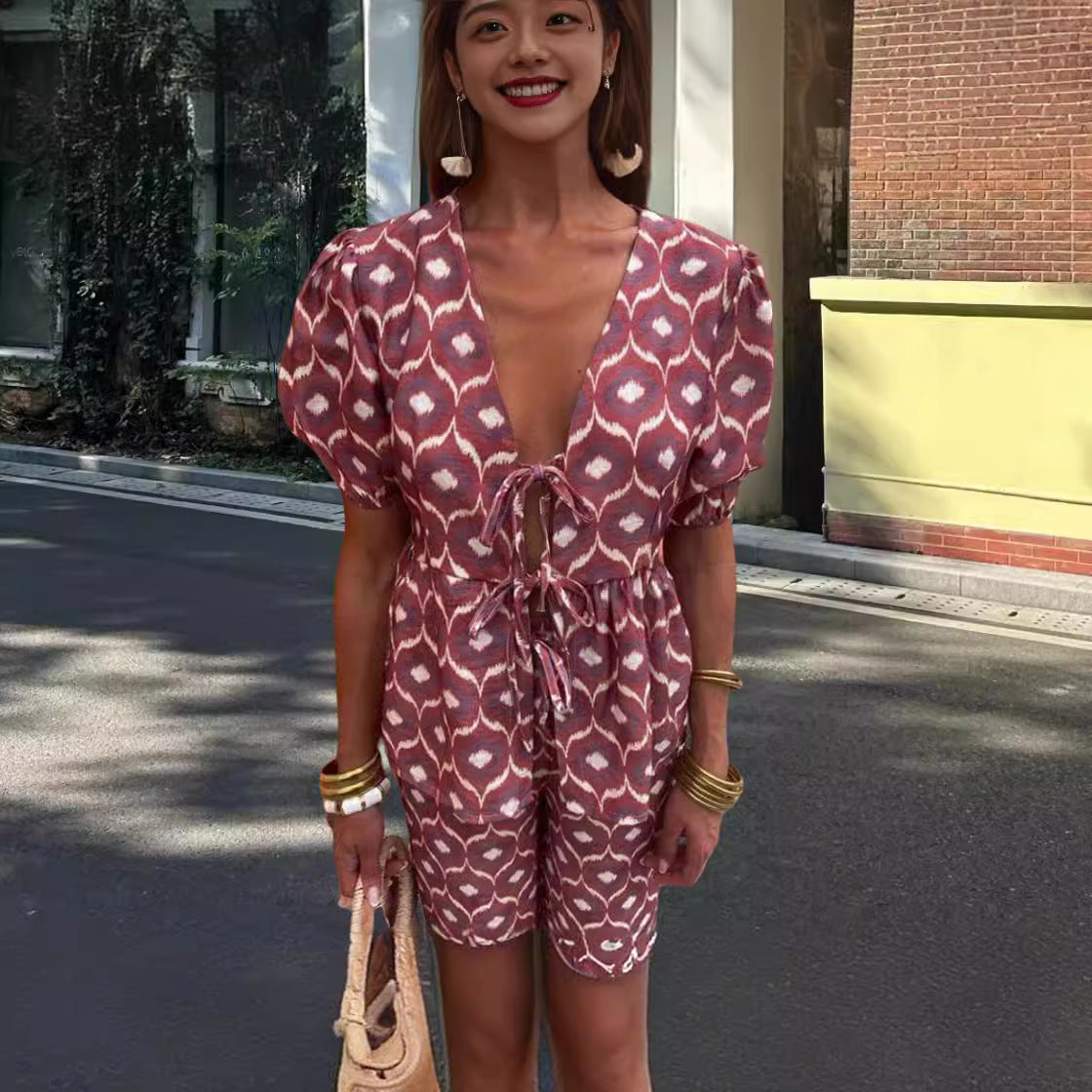 Women Elegant Set with Puff Sleeves and Patch Pockets Ivyshape