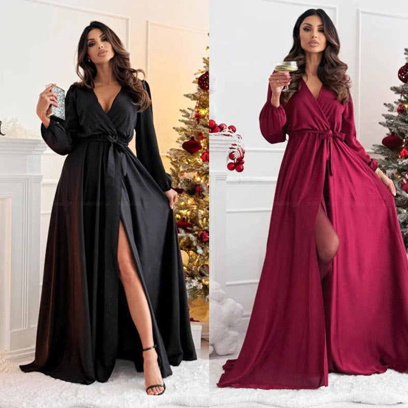 IvyShape | Long Sleeve Split V-Neck Big Hem Long Dress