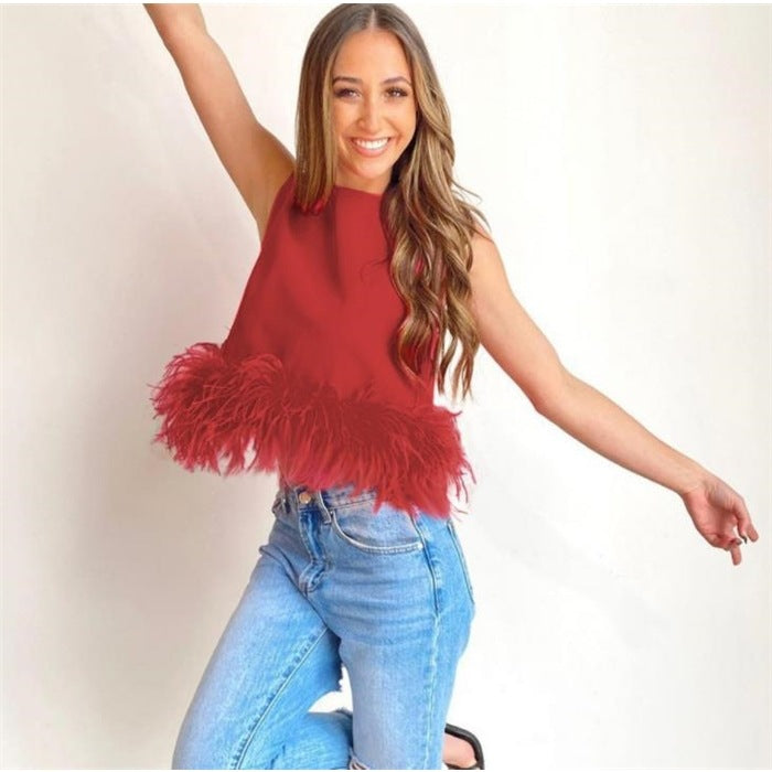 Women Elegant Top with Feathers and Round Neck Ivyshape