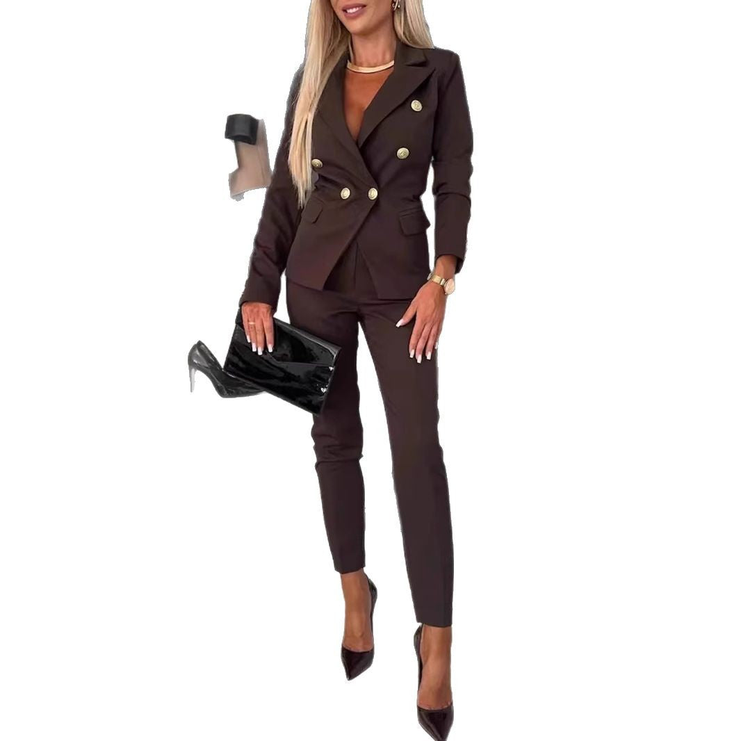 Women's Elegant Blazer Set with Tailored Pants and Double Button Placket Ivyshape
